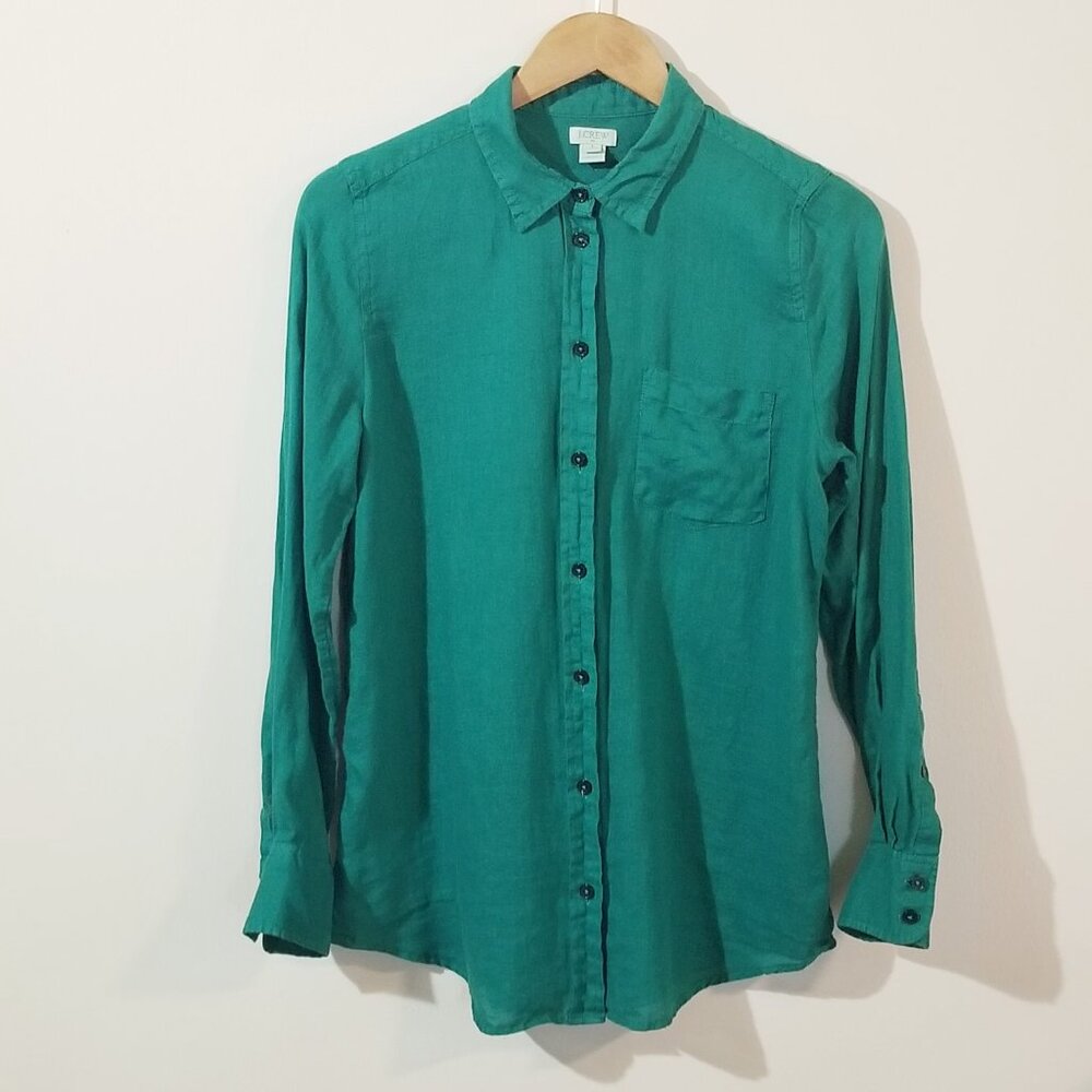 J. Crew Factory - Women's 100% Linen Button Up Blouse – Teal Green - Small